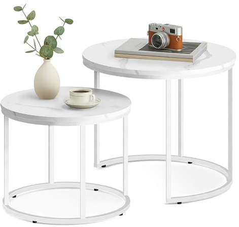 FORTENA 2er Set Couchtische, Schwarze oder goldene Metallbeine, Industrial-Stil, Raund (Marmor – Weiße Tischbeine)