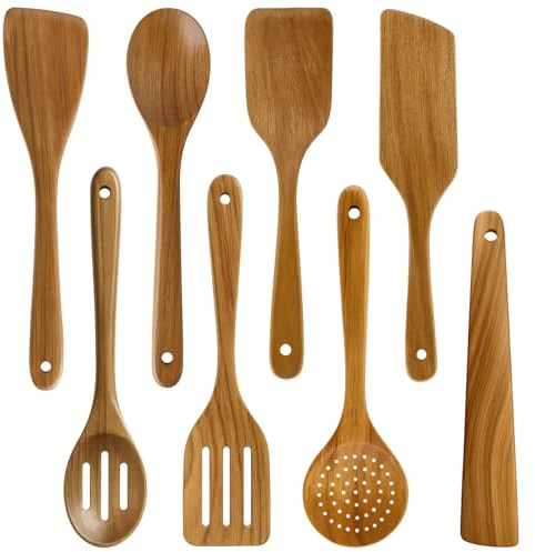 8 Pcs Best Acacia Wood Kitchen Utensil Set Wooden Spoons for Cooking Wok Turner Spatulas Bamboo Non Toxic Cooking Utensils Scraper Spurtle Kitchen Slotted Cooking Spoon Flat Egg Flipper Spatula Set
