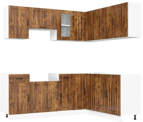 Foknhdi 11-teiliges Küchenschrank-Set Lucca Räuchereiche 80 × 46 × 81,5 cm Holzwerkstoff mit Glas robuste Küchenzeile mit Eckunterschrank und Hängeschrank für Moderne Küche