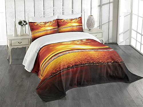 ABAKUHAUS Ozean Tagesdecke Set, Bunter Sonnenuntergang Sommer, Set mit Kissenbezügen Sommerdecke, für Einzelbetten 170 x 220 cm, Gelb Braun