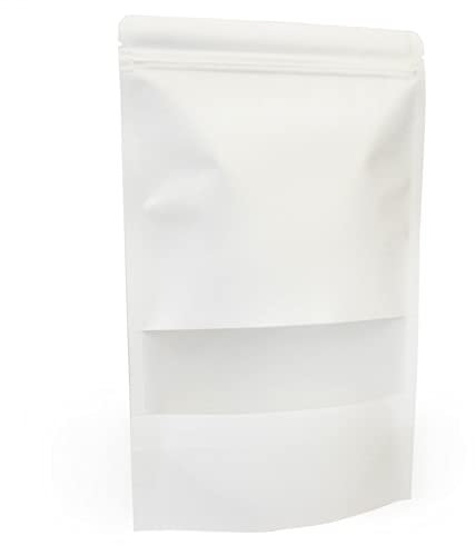 Evergreen Goods 50 White Matte Window Kraft Paper Bags 200x300mm | Easy Storage Splashproof | Grip Seal Zip Lock & Moistureproof | Stand Up & Windowed Designs | Gifts for Valentine & Other Occasions