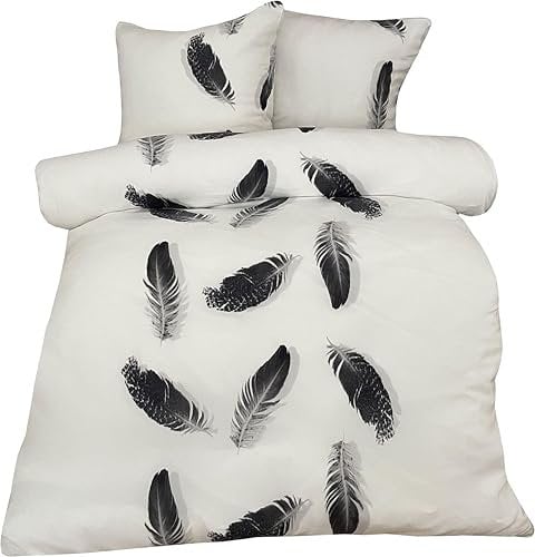 Leonado Vicenti Winter Bettwäsche Thermo Fleece Flausch Kuschelig Warme Garnitur Bettbezüge Set, Größe:4 teilig 155x220 cm, Farbe:Feder weiß schwarz
