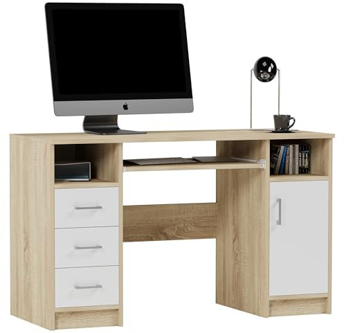Framire N-11 Schreibtisch in Sonoma Eiche mit Weiß, Computertisch mit 3 Schubladen, Schreibtisch für Schlafzimmer, Wohnzimmer, Studio, 120 x 50 x 73 cm
