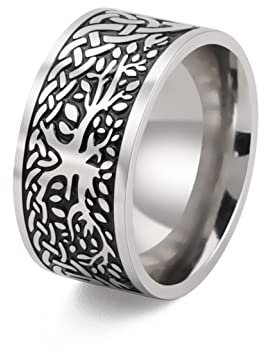 TEAMER Bague vintage en acier inoxydable avec motif arbre de vie - Amulette Viking - Nœud celtique - Bijoux pour homme (Bague Arbre de Vie 1, 12)