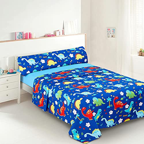 Dalina Textil Juego de Sábanas Infantil para Cama 3 Piezas - 1 Sábanas Bajera Ajustable Cama 105cm con Encimera 175x260cm y 1 Funda de Almohada Larga (Cama de 105x190cm Dinosaurio Azul)