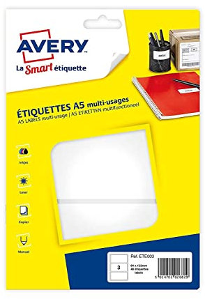 AVERY 10 Etiketten mit je 48 Etiketten, 64 x 133 mm, A5-Bogen, weiß