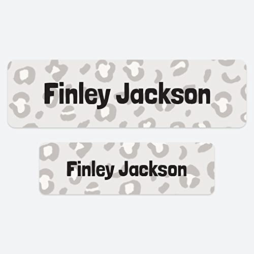 50 x No Iron Personalised Stick On Waterproof Washable Name Labels Great for Clothes, School Uniform, Equipment, Shoes. School, Nursery, Day Care, Hospital - Leopard Spots Grey