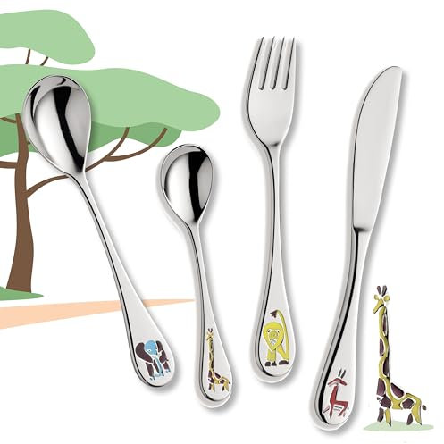 Koru Kids® Safari Kinderbesteck – aus rostfreiem Edelstahl – Kinder Besteck 4teilig - Geschenke Baby Taufe – spülmaschinengeeignet – Taufgeschenke für Mädchen Jungen