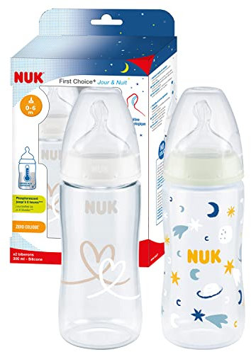 Biberons NUK First Choice+| 0-6 mois | 300 ml|Biberons anti-coliques avec tétine physiologique en silicone|1 x Standard & 1 x Phosphorescent| Contrôle de la température|Sans BPA | Blanc|Lot de 2