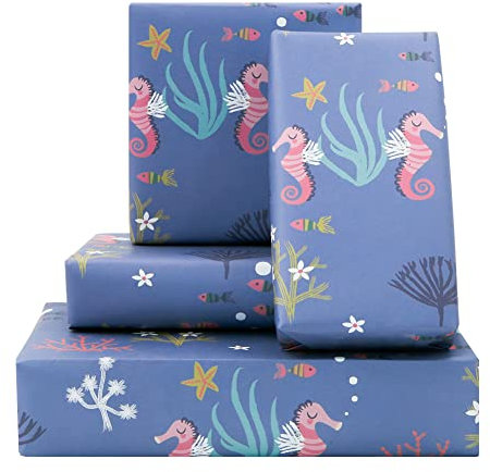 Under The Sea Geburtstags-Geschenkpapier für Kinder, Mädchen, Jungen, Seepferdchen, Korallenfisch-Designs, Geschenkpapier für Geburtstag oder Babyparty, 4 Blätter flach gefaltet, 50x70 cm pro Blatt