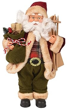 Kaemingk Weihnachtsmann Figur 30cm mit Geschenk und Ski Weihnachtsmann-Anzug Puppe - Rot - Grün