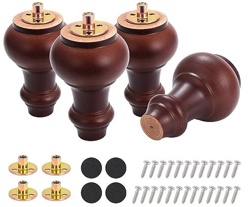 Moendergo Lot de 4 pieds de meubles en bois d'hévéa massif de 12 cm, pieds de canapé, table de commode avec vis, plaque de montage et protection antidérapante (marron B)