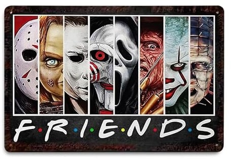 Metall-Blechschild Friends, Horror-Edition, Vintage-Stil, Halloween-Dekoration, Filmfiguren-Thema, Wanddekoration für Innen- und Außenbereich, hochauflösender Druck, 30,5 x 20,3 cm