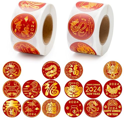 WATINC 1000 Stück Chinesische Neujahrsaufkleber Roll Aufkleber 2024 Traditionelles Frühlingsfest Der Drache Aufkleber Etiketten Frohes Neues Jahr Fensterdekoration für Mondneujahr Partyzubehör