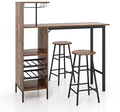 HOMASIS Ensemble de table de bar avec 2 tabourets de bar, table de salle à manger avec supports pour verres à vin et étagères pour 6 bouteilles de vin, table bistro industrielle pour cuisine, 120 x 40