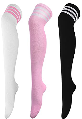 AQOKKA Calze da donna extra lunghe fino alla coscia, a righe, sopra il ginocchio, calze lunghe fino alla coscia, scaldamuscoli