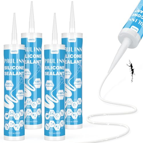 PAULINN Silicone Caulk White, 100% Silicone Sealant Waterproof for RV, Kitchen, Bath, General Use, Window, Door, Glass, Marine, 10.2 Oz, 4 Packs