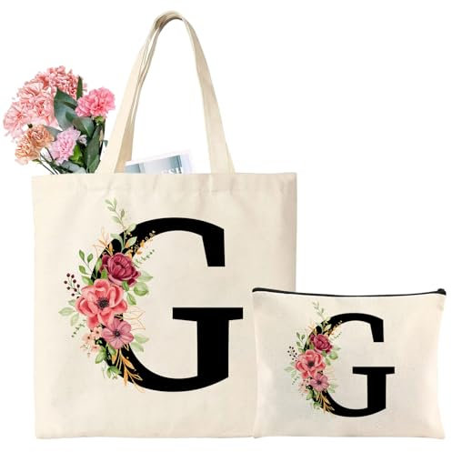 Frauen Geschenk Initial Baumwolltasche Buchstaben Einkaufstasche personalisiert Stofftasche mit Buchstaben Geschenk für Frau Mama Kollegin Freundin zum Geburtstag, Jahrestag, Weihnachten (G)