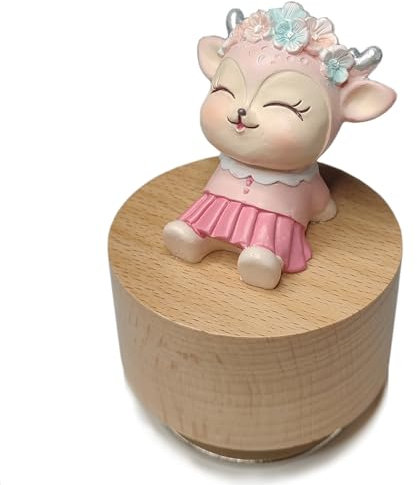 falado Mini Wooden Animal Rotary Music Box with Cute Deer Ornament (Tune: It's a Small World)