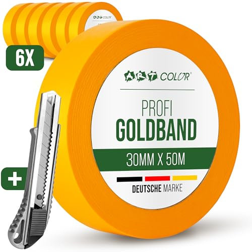 ART COLOR 6x Profi Goldband 30mm x 50m inkl. Cuttermesser - Maler Klebeband für exakte Farbkanten - UV beständiges Abklebeband - Alu Teppichmesser