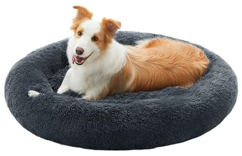 Feandrea Hundebett flauschig, Katzenbett, Donut Kissen, waschbar, Polsterung in der Mitte herausnehmbar, Langer Plüsch, 90 cm Durchmesser, dunkelgrau PGW041G02
