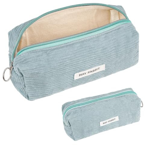 Deepton Mäppchen Cord-Stoff, Federmäppchen Milchig Hellblau für Mädchen Teenager, Federtasche Stiftetasche Stiftemappe Pencil Case Schulmäppchen für Schule, Büro - Hellblau