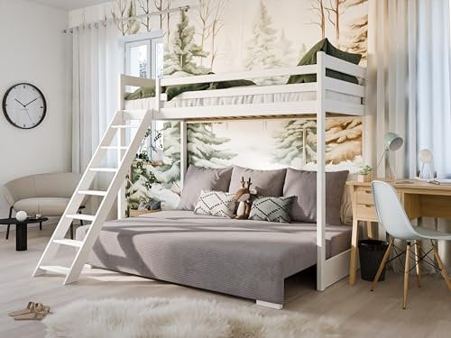 Kids Collective Hochbett 90x200cm weiß mit Leiter & Schlafcouch 140x200cm Couch in Cord-Stoff grau hellgrau Oeko-TEX 100 mit 3 Kissen Etagenbett Kinderbett Stockbett 90x200cm von 4. bis 18. Lebensjahr