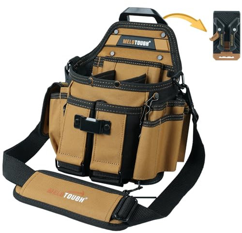 MELOTOUGH Electrician Tool Pouch Bag with Shoulder Strap Professional 15 Pockets Tool Pouch with Belt Clip Quickly Attach and Release Tool Bag（Khaki）