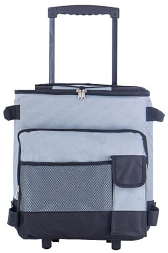 Rollkühler, 43L große Kühlbox, isolierte Kühltasche grau, auslaufsicherer Kühlwagen für draußen, geräuscharmer Rollkühler, zusammenklappbarer Rollkühler, Kühlbox mit Rollen und Zug