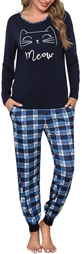 Leversic Pigiama Donna Invernale Pigiama Donna Cotone Pigiami da Donna a Maniche Lunghe Set Pigiama Donna Morbido e Confortevole Blu Navy L