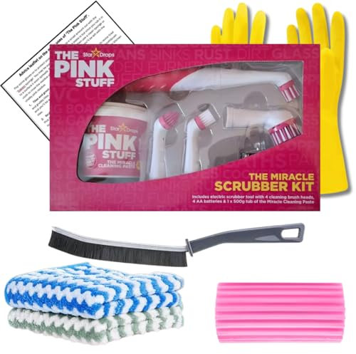 Kevagh Premium Cleaning Bundle - The Pink Stuff Battery Scrubber, 1. 500g Miracle Cleaning Paste, Pink Damp Duster Sponge, Narrow Gap Brush, 2 Microfiber Cloths, Rubber Gloves, and Advice Leaflet