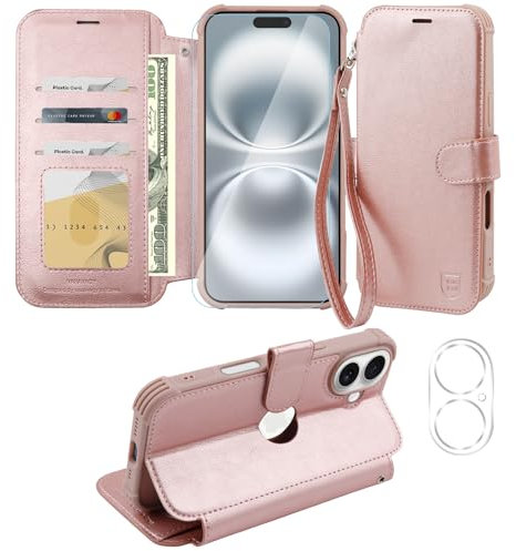 VANAVAGY Handyhülle für iPhone 16 Hülle für Frauen und Männer,Leder Stoßfest Flip Case mit Drahtloser Aufladung und RFID-Blockierung für Apple 16 (6,1 Zoll), Roségold