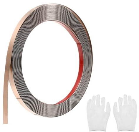 QUARKZMAN Baguette de Moulure Auto-Adhésive en Acier Inoxydable, Finition Or Rose Brossé à Coller, avec Gants, Moulure Décorative pour Miroir Mural, 0,3 Pouce x 16,4 Pieds