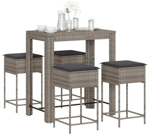 Rantry Gartenmöbel-Set, Gartenbar, 5-teilig, mit Kissen aus Polyrattan, grau, Gartenmöbel, Tisch und Stühle für den Außenbereich, Modell 3261456