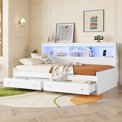 Plattformbett 90x200 cm mit LED Beleuchtung und 2 Schubladen, Schlafsofa Tagesbett mit Staufach und USB Ladefunktion, Daybett Kinderbett Sofabett Jugendbett, Lattenrost aus Holz, Ohne Matratze, Weiß
