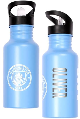 Liverpool F.C. Botella de agua de metal personalizada del Manchester City de 500 ml, botella de entrenamiento y escuela con nombre grabado, regalo perfecto para niños y fanáticos del fútbol