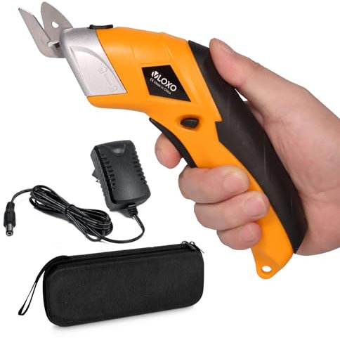 VLOXO Electric Scissors Wireless Cardboard Cutter Electric Fabric Scissors Box Cutter with 2 Blades Rechargeable Powerful Fabric Cutter for Crafts Leather Carboard Carpet Plastic Felt with Case-Yellow