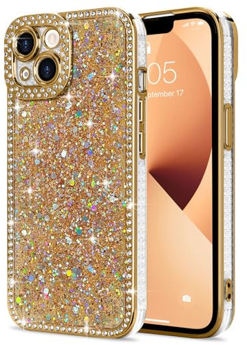 Lafunda for iPhone 13 Case for Women Girls, Luxury Bling Glitter Diamonds Crystal Festival Shiny Case Camera Protection Shockproof Silicone TPU Phone Cover for iPhone 13 6.1, Gold