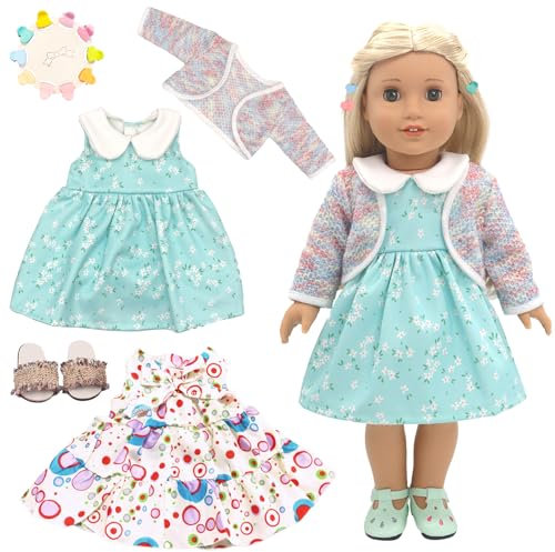 2 Set Sweet Dolls Clothes Dress for Baby Girl 14-18 Inch, 9 Pcs Doll Clothes and Accessories—Summer Suspender Skirt Coat Blue Dress Slippers Hairpins，35-45cm Baby Doll Outfits Kids Birthday Gift