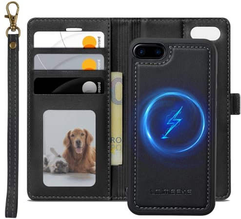 XTCASE Leder Hülle für iPhone 7/8/SE 2020/2022 Magnetisch Kompatibel mit MagSafe, 2 in 1 Abnehmbare Handyhülle Flip Case [Kabelloses Laden] [Kartenfach] [Ständer] Klappbare Klapphülle, Schwarz
