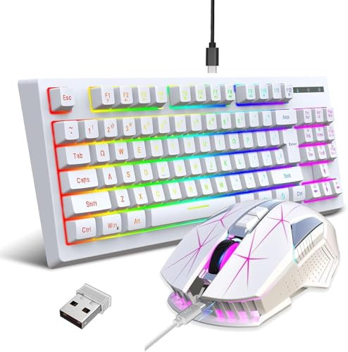 2.4Ghz 87 Keys Wireless Gaming Keyboard and Mouse Combo, LED Backlit Rechargeable 1800mAh Battery, UK Layout Mechanical Feel Keyboard + 2400DPI Mice for PC Mac PS5 Xbox Office Gamers (White)