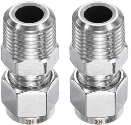 sourcing map 2pcs Compression Fitting 8mm Tube OD x 3/8 NPT Male Thread Stainless Steel Straight Coupler Adapter Compression Tube Pipe Fitting Connector for Oil Gas Water