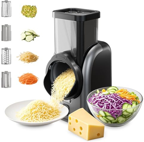 Electric Cheese Grater, Rotary Vegetable Slicer with 4 Interchangeable Drum Blades, Multifunctional Cheese Shredder for Kitchen, Potato, Vegetable, Salad, Fruit, etc
