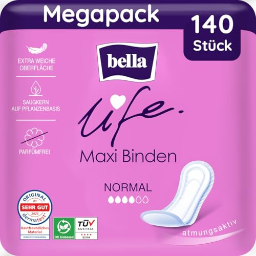 bella life Maxi Damenbinden ohne Flügel Normal 140 Stück (7x20) weich parfümfrei