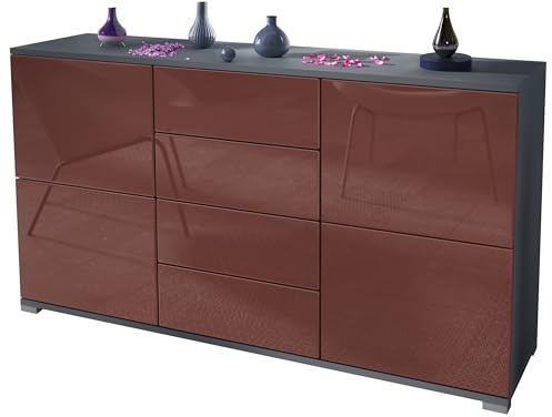 Vladon Sideboard Rova V1, Kommode mit 4 Türen und 4 Schubladen, Anthrazit matt/Bordeaux Hochglanz (138,5 x 75,5 x 35)