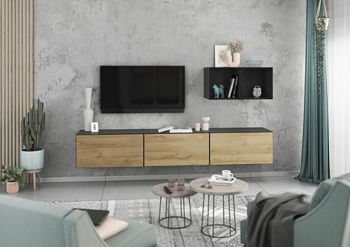 BMG Möbel Wohnwand Set 5 teilig individuell montierbar, 3 Schränke Mir Klappen und Softclose, 2X offenes Regal, wählbar in 8 Farbkombinationen (Anthrazit - Evoke Eiche)