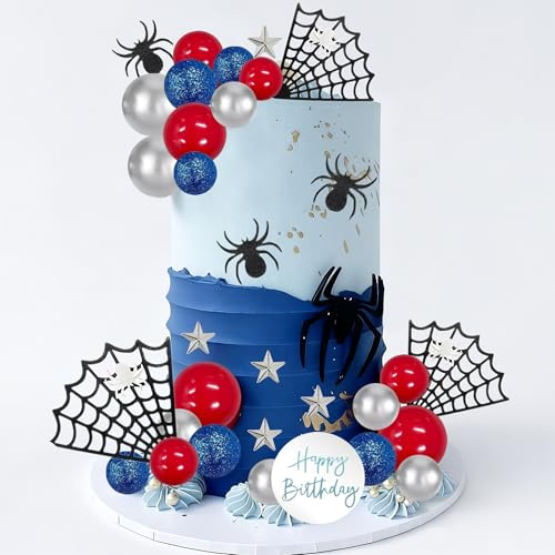 Spider Cake Topper Set, Glitter Spinnen Tortendeko Spider Kuchen Deko Happy Birthday Toppers Sterne Rot Silber Blau Kugeln Tortenaufleger für Kindergeburtstag, Thema Party (D)