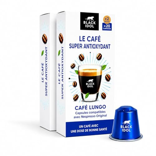 Black Idol Café Antioxydant, Capsules Lungo Compatibles pour Nespresso | Pack de 20, Enrichi en antioxydants naturels, Un café Dose de bonne santé !