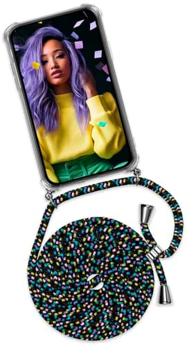 ONEFLOW Handykette für Google Pixel 9a Hülle mit Band, Handyhülle mit Kette abnehmbar, Handyband zum Umhängen, Handy Umhängeband Lange Handykordel, Twist Case – Schwarz Bunt