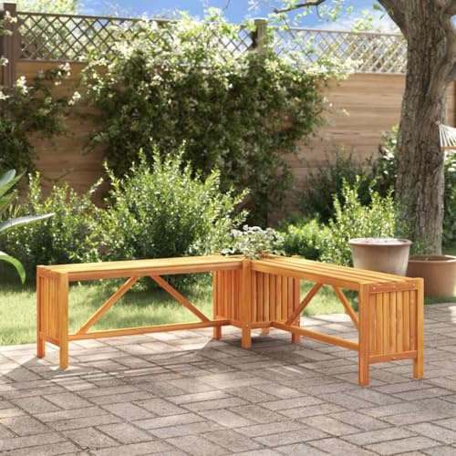 TEKGHUT Panca angolare da giardino con fioriera, 117 x 117 x 40 cm, in legno massiccio di acacia, oliata chiaro, resistente alle intemperie, per terrazza e giardino, fioriera per fiori e piante